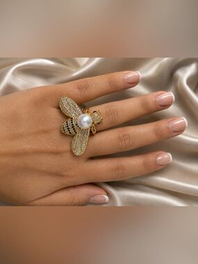 Crystal Bee Pearl Statement Ring Gold Adjustable Cocktail Ring